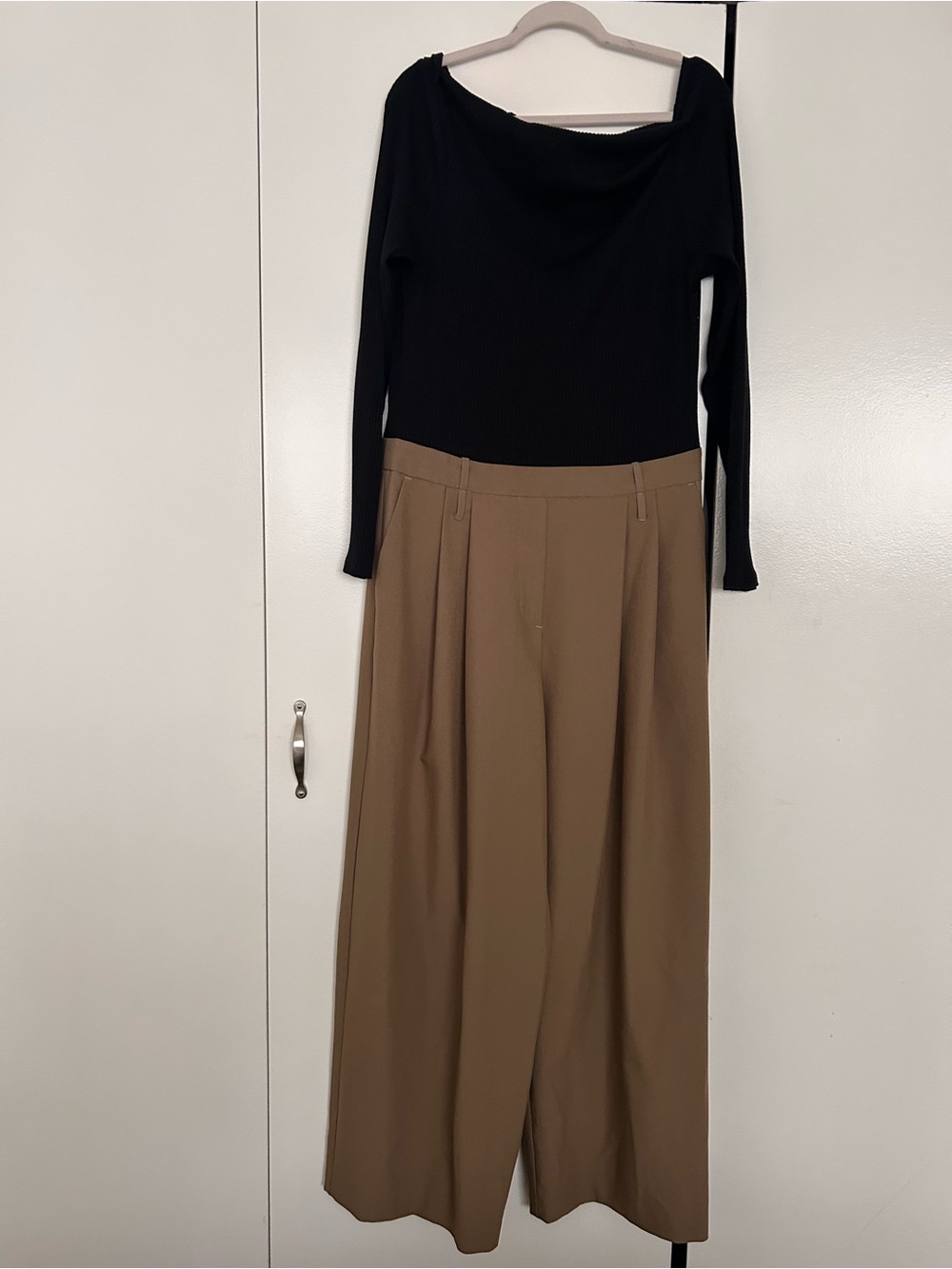 Mango Black Top with Camel Wide-Leg Jumpsuit Pants